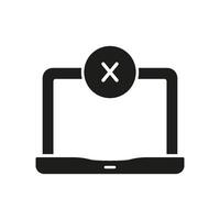 Laptop with Cross Sign Silhouette Icon. Error or Cancel Action on Portable Device Glyph Symbol. Shutdown or Disconnected Device. Isolated Illustration vector