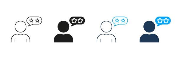 Customer Review Line and Silhouette Icon Set. User Feedback Pictogram. Consumer Rating. Person With Stars Symbol. Best Quality Service Sign. Editable Stroke. Isolated Illustration vector