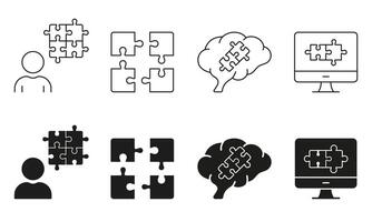 Puzzle and Technology Line and Silhouette Icon Set. Innovation, Teamwork and Brainstorming Symbol. Editable Stroke. Isolated Illustration vector