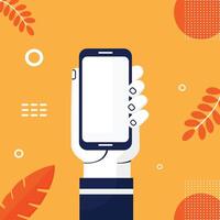 hand with phone on yellow background flat illustration vector