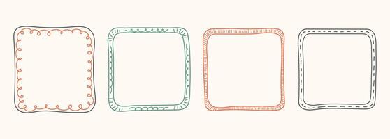 Whimsical line borders with doodle squares, ribbons. Hand Drawn frame set for birthday, wedding Invitations, christmas, menu, photo. Coquette vintage minimal elements in trendy line art style. vector