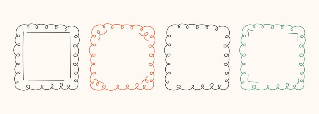 Hand Drawn frame set with doodle squares, ribbons. Whimsical line borders for birthday, wedding Invitations, christmas, menu, photo. Coquette vintage minimal elements in trendy line art style.