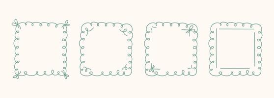 Whimsical line borders with doodle squares, ribbons. Hand Drawn frame set for birthday, wedding Invitations, menu, photo. Vintage coquette minimal elements in trendy line art style. vector