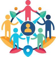 Mutual Assistance Illustrated Teamwork Icon Featuring People and Gear for Collective Impact, Unity Circle Icon vector