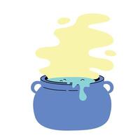 A whimsical blue cauldron is bubbling with vibrant, colorful potion and steam rising above it. vector