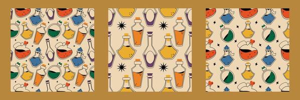 A set of seamless patterns with potions in retro style. vector