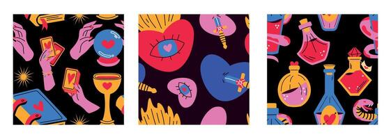 A set of mystical and magical patterns. Seamless pattern with potions, crystal ball and tarot, hearts. vector
