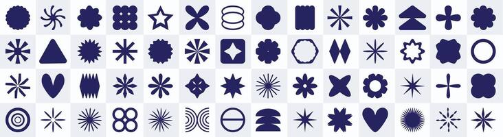 Set of futuristic y2k retro geometric shapes over checkerboard background. Postmodern brutalism groovy design element collection vector