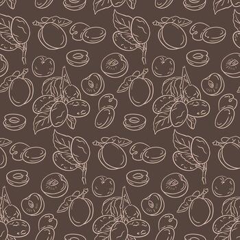 sin costura modelo con mano dibujado ciruelas, hojas, y Fruta mitades en un oscuro marrón fondo, creando un elegante y rústico diseño vector