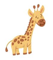 Cute hand drawn giraffe illustration with friendly smile, with yellow and brown tones and a simple, playful design isolated on white background vector