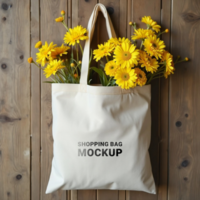Hanging from the wooden background, the tote bag is set for a mockup display psd