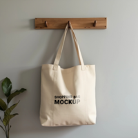 The tote bag is hanging elegantly, making it perfect for a mockup display psd