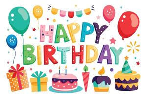 happy birthday card with colorful balloons and cake background vector