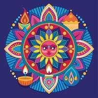 a colorful indian design with a sun and candles vector