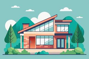 an illustration of a house with trees and mountains vector