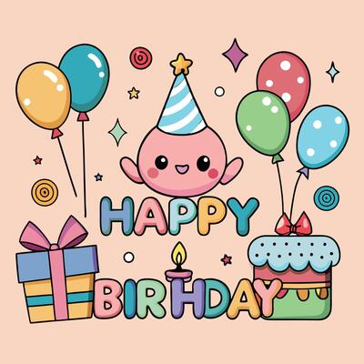 happy birthday card with cute cartoon whale and balloons