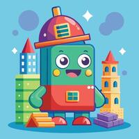cute robot with toy blocks and city background vector