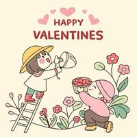 valentine's day card with two children in the garden vector