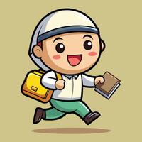 a cartoon boy running with a book and a backpack vector