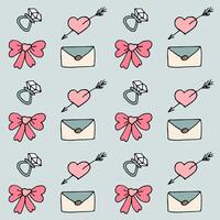 Valentine pattern in doodle style with ring,letters, bow and hearts vector