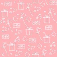 Love symbols Seamless pattern. Hand drawn doodles illustration with hearts and gift boxes on pink background vector