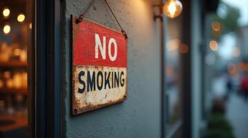 Rusty No Smoking sign with red and white background hanging outside a building, warm bokeh lights in the background photo
