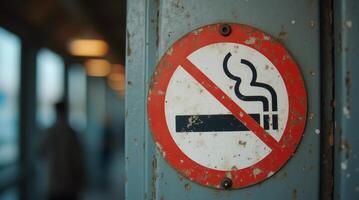 Rusty no smoking sign mounted on a weathered metal surface with blurred background. Close-up showing texture and urban details photo