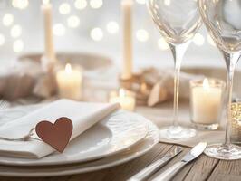 beautifully set dinner table with heart shaped decor and candles photo