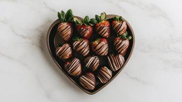 Delightful chocolate covered strawberries arranged in heart shaped tray, perfect for sharing photo