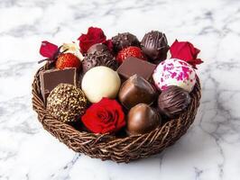 Indulge in luxurious chocolate gift basket filled with assorted treats, including truffles, pralines, and decorative roses photo