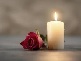 Romantic candlelit dinner setting with red rose and glowing candle photo