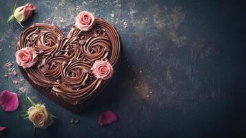 Delight in heart shaped chocolate cake adorned with intricate floral decorations, perfect for celebrations photo
