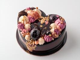 heart shaped chocolate cake adorned with intricate decorations, featuring colorful meringues and elegant embellishments, perfect for celebrations photo
