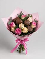 beautiful bouquet of pink and white roses with chocolates, perfect for romantic surprise photo