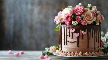 Decadent chocolate cake adorned with fresh roses and heart shaped decorations, perfect for celebrations photo