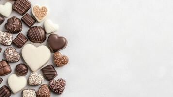 Assorted heart shaped cho tes on light background, perfect for Valentine Day photo