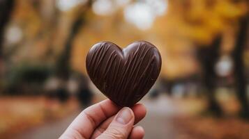 hand holding chocolate heart in beautiful autumn setting, evoking warmth and love photo