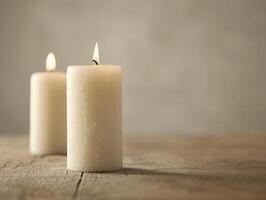 Two white candles flicker gently on wooden table in dimly lit room photo