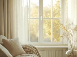 cozy living room with soft blankets and pillows by sunlit window photo