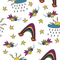 Surreal abstract seamless pattern. Psychedelic fish, stars, rainbows with lips, sun and rain. vector