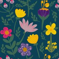 Floral seamless pattern with a collection of abstract multicolored flowers on a blue background in 60's style. vector