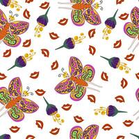 Surreal abstract seamless pattern with Psychedelic Woman butterfly, red lips and violet flowers. vector