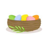 Brown basket with painted Easter eggs and green leaf. Element of religious tradition. vector