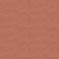 Seamless botanical Pattern on Brown Background. Elegant Linear leaves on mocha mousse backdrop. Color year 2025. Hand outline drawing Minimal Design for Textiles and Decor. vector