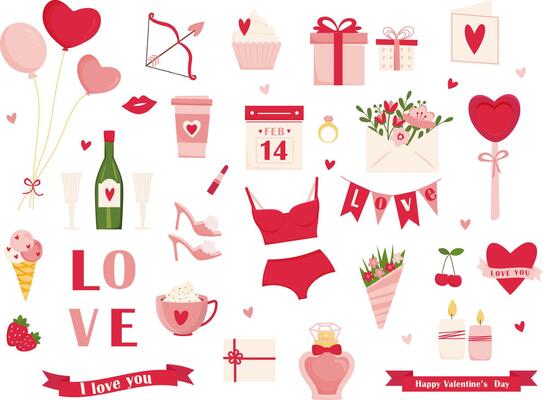 Set of Valentine's Day elements. Illustration of different love and romantic elements as heart, flower, sweets, heart, cup, lips, lingerie. Collection for greeting card, love letter, flyer.