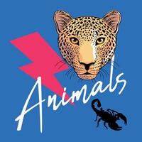 Animals. T-shirt design of a word next to a leopard head, the lightning bolt symbol and the silhouette of a crab on a light blue background. 90s design. vector