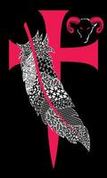 T-shirt design of a large medieval cross next to a feather and a ram's head with horns. Ideal image to illustrate knight-errantry. vector