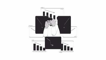 Overwhelmed businessman with declining charts doodle outline animation. Business downturn 4K motion graphic. Graphs analysis financial losses animated sketch 2D concept isolated on white video