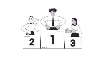 Employees recognition doodle outline animation. Three professionals standing on winner podium 4K motion graphic. Career triumph. Business competition animated sketch 2D concept isolated on white video