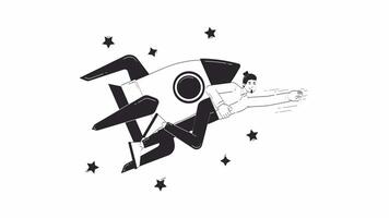 Entrepreneur startup doodle outline animation. Business man hero flying with rocket to success 4K motion graphic. Startuper ambition, innovation animated sketch 2D concept isolated on white video